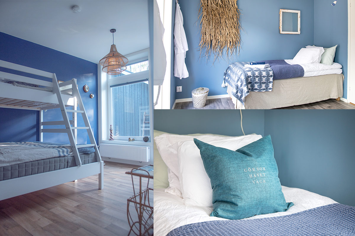 Faciliteter_blatt_rum Vårt blåa rum på Villa Surf Garden som är inspirerat av hav, vågor och kitesurfing.